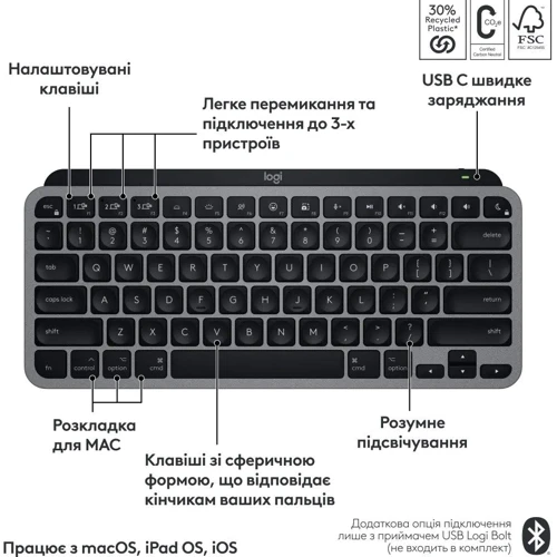 Клавіатура Logitech MX Keys Mini для Mac Space Gray (920-012652): Підключення беспроводное