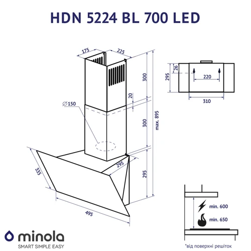 Вытяжка Minola HDN 5224 WH 700 LED: Тип воздухоочистителя Рециркуляция, Отвод