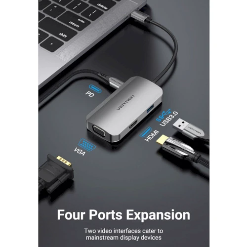 Адаптер Vention Adapter USB-C to HDMI+VGA+USB3.0+PD 100W (TOAHB): Интерфейс подключения USB-C