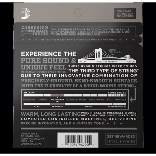 Струна для гітар Комплект струн D'addario ENR71 XL Half Rounds Bass Regular Light (45-100): Призначення Для бас-гітари