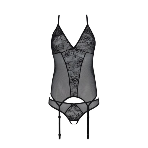 Корсет с пажами, трусики с ажурным декором и открытым шагом Passion Ursula Corset black XXL/XXXL