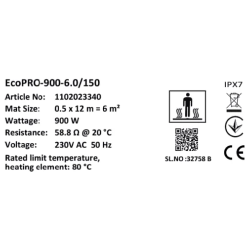 Мат нагревательный Warmstad Max EcoPRO-900-6.0/150 W/m2: Площадь обогрева, кв.м 6