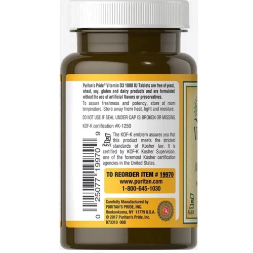 Puritan's Pride Vitamin D3 Витамин D3 1000 МЕ 90 таблеток: Пол Унисекс