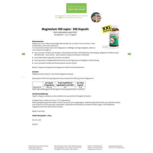Sanct Bernhard Magnesium Магній 400 supra 300 капсул: Тип магній