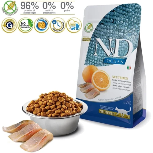 Беззерновой сухой корм Farmina N&D Ocean Herring & Orange Neutered для стерилизованных кошек и кастрированных котов Сельдь и апельсин 1.5 кг (175581): Возраст Взрослые