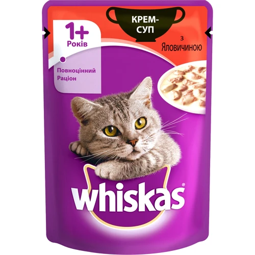Влажный корм для котов Whiskas крем-суп с говядиной 85г (4770608255442)