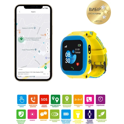 Смарт-часы AmiGo GO004 GLORY Blue-Yellow: Особенности Функция звонка, Встроенная камера, Встроенный микрофон, Динамик (громкая связь), Влагозащищенные