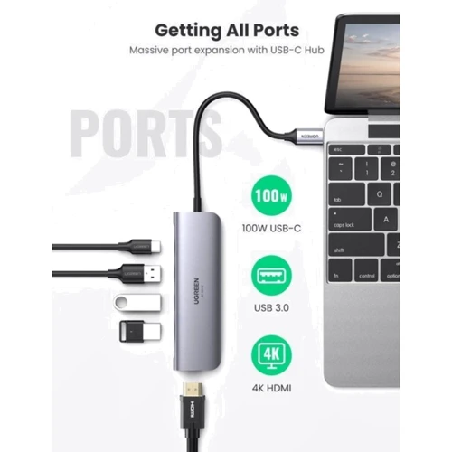 Адаптер Ugreen Adapter CM136 USB-C to 3xUSB 3.0+HDMI+USB-C Space Gray (70495): Колір сірий