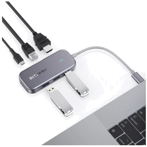 Адаптер BlitzWolf Adapter USB-C to USB-C + 3xUSB + HDMI + RJ45 Grey (BW-TH10): Додаткові роз'єми Ethernet, HDMI, USB OTG, USB-C