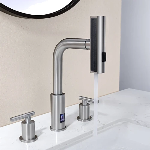 Смеситель для раковины Lefton Two-Handle Widespread Waterfall & Pull-Out Bathroom Faucet with Temperature Display-BFWS2401 Brushed Nickel фото 9