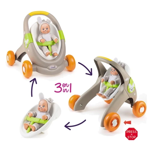 Коляска Smoby Мінікісс 3 в 1 Веселі тварини для прогулянок, сіра, 12міс.+ (210206)