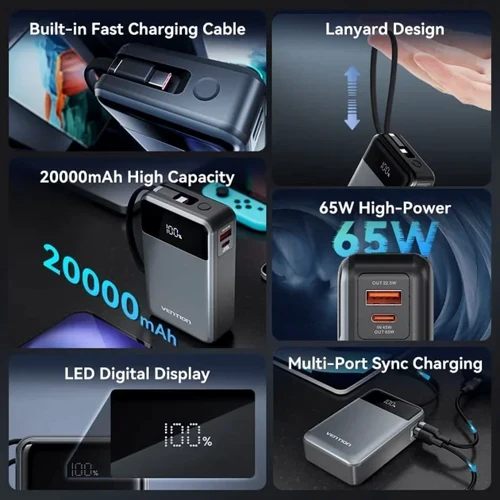 Внешний аккумулятор Vention Power Bank 20000mAh LED Display 65W Black (FHYB0)