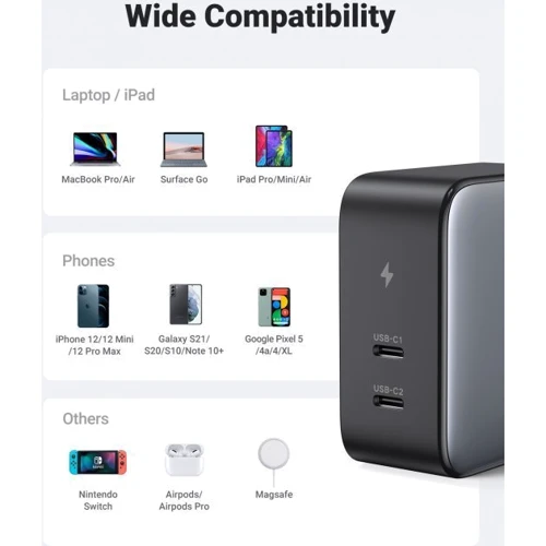 Зарядное устройство Ugreen Wall Charger 2xUSB-C CD254 GaN 100W Black (50327): Сила тока 2.4А и более