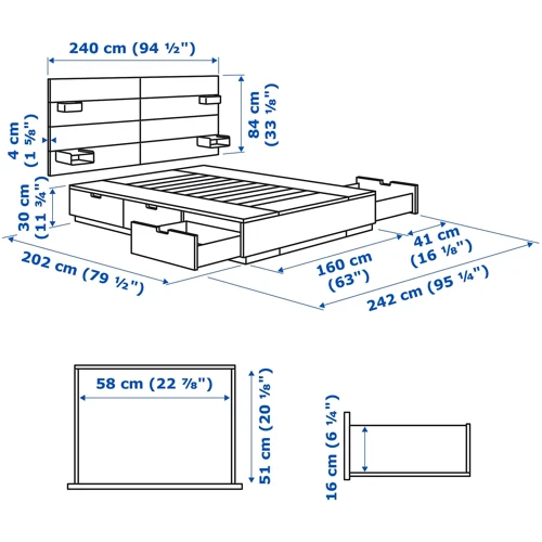 Каркас кровати с ящиком для хранения ІКЕА NORDLI 160х200 см белый (692.414.22) фото 9