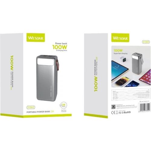 Зовнішній акумулятор Wesdar Power Bank 50000mAh 100W Silver (S1383-100W)