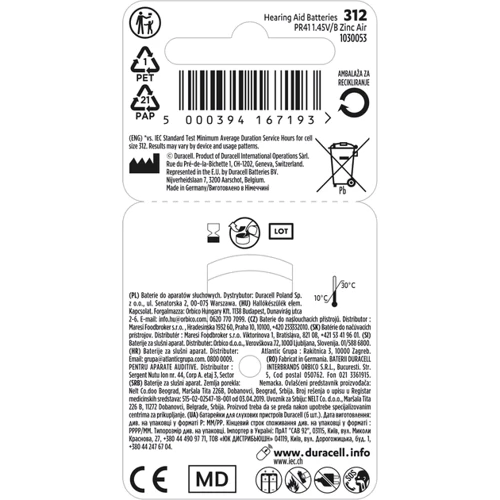 Duracell Hearing Aid 312 6 шт для слухових апаратів (5000394167193) фото 2
