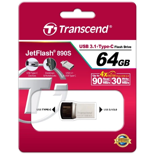 USB-флешка Transcend 64GB JetFlash 890 USB 3.1/Type-C Silver (TS64GJF890S): Объем памяти 64 GB