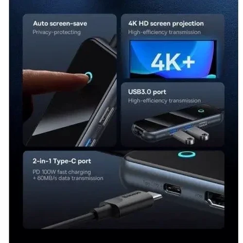 Адаптер Baseus Adapter AcmeJoy USB-C to HDMI+2xUSB3.0+USB2.0+Type-C PD Dark Grey (WKJZ010213) фото 8