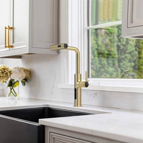 Смеситель для кухни Lefton Waterfall & Pull-Out Kitchen Faucet with Temperature Display-KF2209 Brushed Gold фото 9