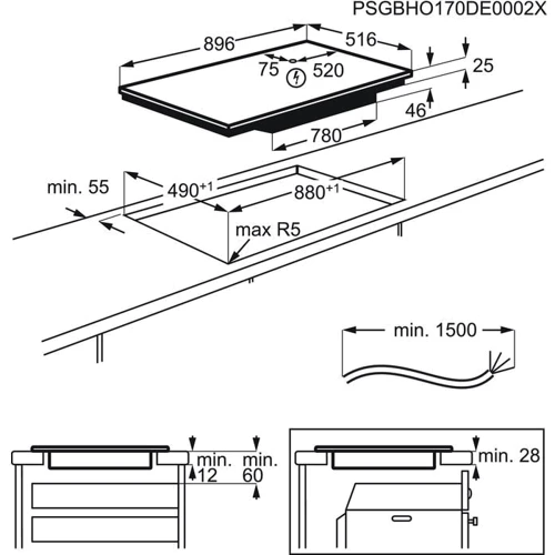 Варочная поверхность AEG IKE95454XB: Размеры для встраивания 89х51