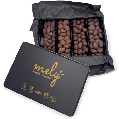 Конфеты MELY Sugar Free Chocolate Covered Mixed Fruit (date, apricot, hazelnut, cherry) Metal Box 400 g (8682759691672): Вес, г 400