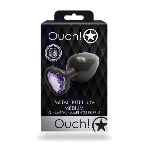 Металлическая анальная пробка Ouch! Heart Gem Gunmetal - Amethyst Purple, М