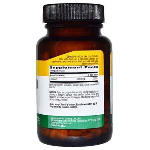 Country Life Folic acid 800 mcg Фолиевая кислота 250 таблеток: Тип Витамин B