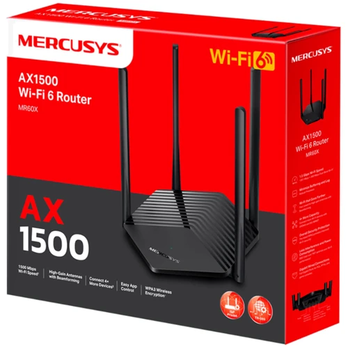 Маршрутизатор Wi-Fi Mercusys MR60X: Максимальная скорость 574 (2.4ГГц) + 1501 (5ГГц) Мбит/с