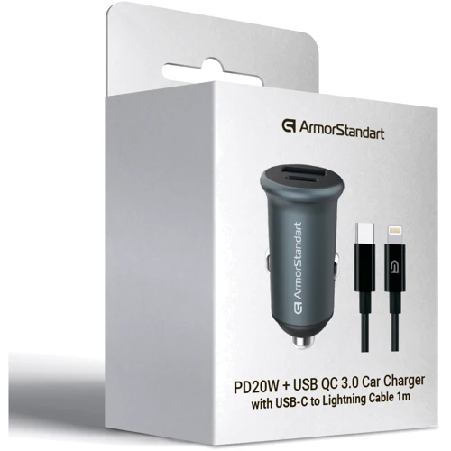 Зарядний пристрій ArmorStandard Car Charger USB+USB-C with Lightning Cable Grey (ARM82460): Кількість USB-портів 2
