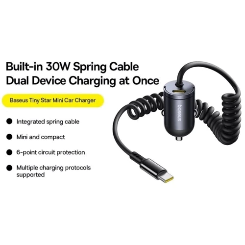 Зарядное устройство Baseus Car Charger USB-C Tiny Star 30W with USB-C Cable Black (C00035001121-00): Сила тока 2.4А и более