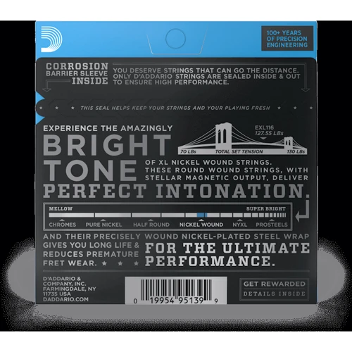 Струна для гитар Струны для электрогитар D'ADDARIO EXL116 XL NICKEL WOUND MEDIUM TOP/HEAVY BOTTOM (11-52): Назначение Для электрогитары
