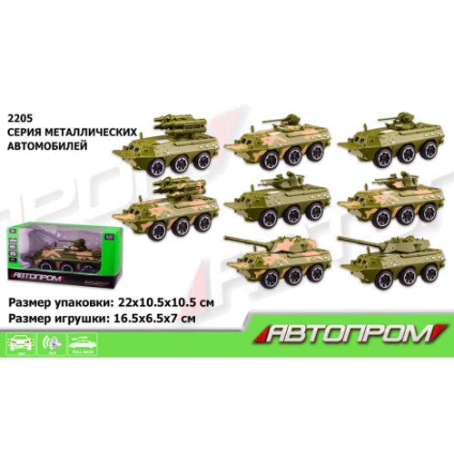 Військова техніка метал 2205 АВТОПРОМ, 4 види по 2 кольори, світло, звук, 22x10,5x10,5см: Виробник АВТОПРОМ