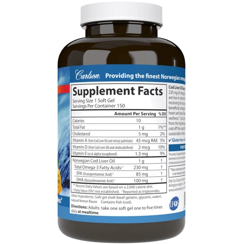 Carlson Labs Cod Liver Oil Gems Low Vitamin A тисячі mg 150 Soft Gels Lemon Flavor Риб'ячий жир з печінки тріски з вітаміном А: Форма випуску капсули