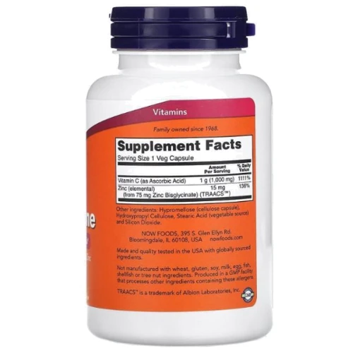Now Foods C-1000 Zinc Immune Вітамін С та цинк для імунітету 1000 мг/15 мг 90 вегетаріанських капсул: Тип Витамин C