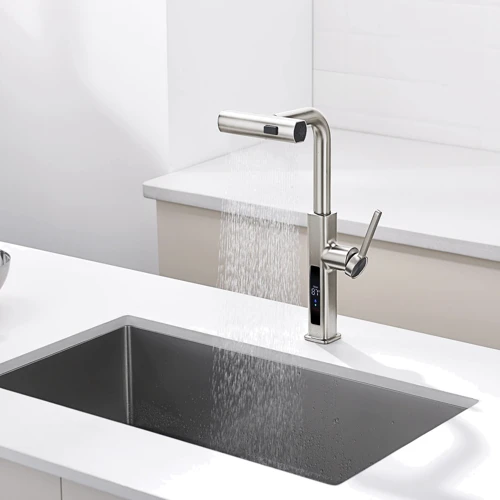 Смеситель для кухни Lefton Waterfall & Pull-Out Kitchen Faucet with Temperature Display-KF2209 Brushed Nickel фото 11