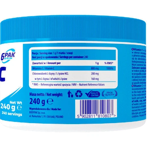 6PAK Nutrition Vitamin C + L-Lysine Вітамін С та Лізин 240 г: Тип Витамин C
