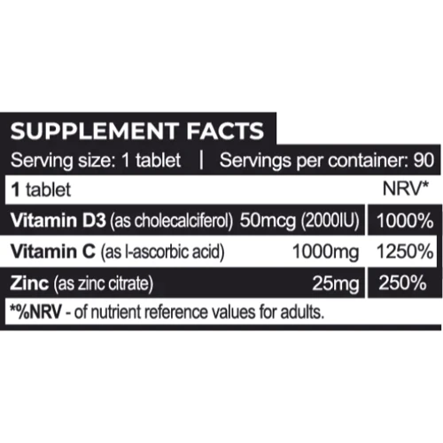 Progress Nutrition Immunity complex Вітамін С 1000 мг + D3 2000 МО + Цитрат цинку 25 мг 90 таблеток: Форма випуску Таблетки
