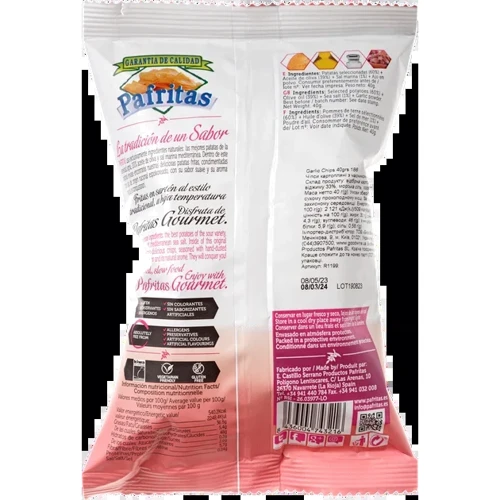 Чипсы картофельные Pafritas с чесноком 40 г (8436004743216): Вес нетто 40 г