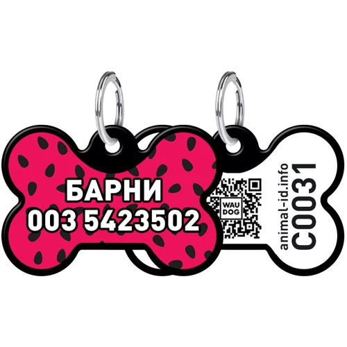 Адресник WAUDOG Smart ID с QR-паспортом, рисунок "Арбуз", кость, 31х21 мм, черный (0631-0049-01-gr)