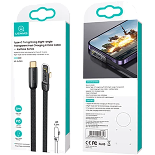 Кабель Usams Cable USB-C to Lightning Right-Angle PD 20W 1.2m Black (US-SJ583) фото 5