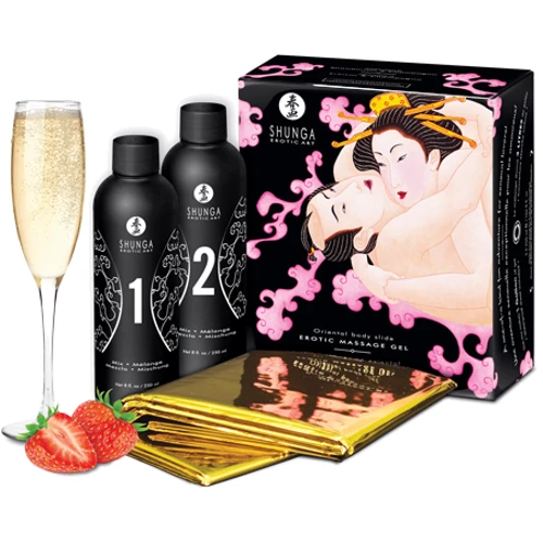 Гель для NURU-масажу Shunga Oriental Body-to-Body – Sparkling Strawberry Wine плюс простирадло