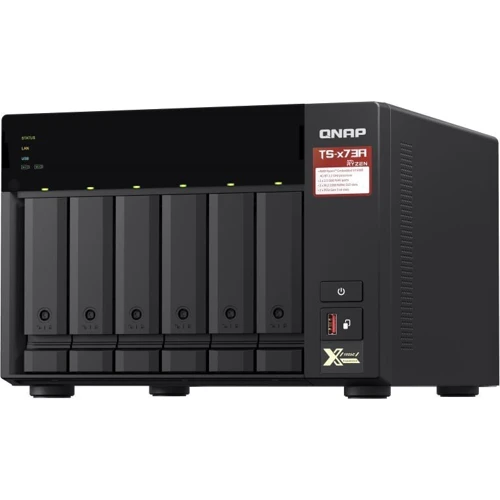 Сетевой накопитель (NAS) QNAP 6BAY 8GB TS-673A-8G: Слоты для дисков 6 x 2,5" или 3,5" HDD/SSD с интерфейсом SATA II или SATA III до 108 ТБ