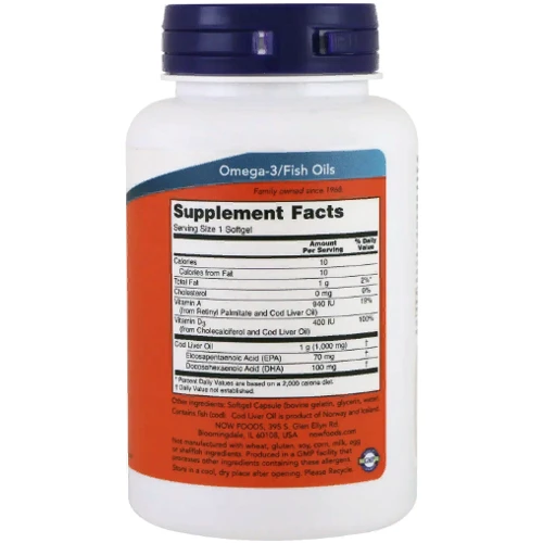 Now Foods Cod Liver Oil 1.000 mg Рыбий жир из печени трески 90 гелевых капсул: Тип Печень трески