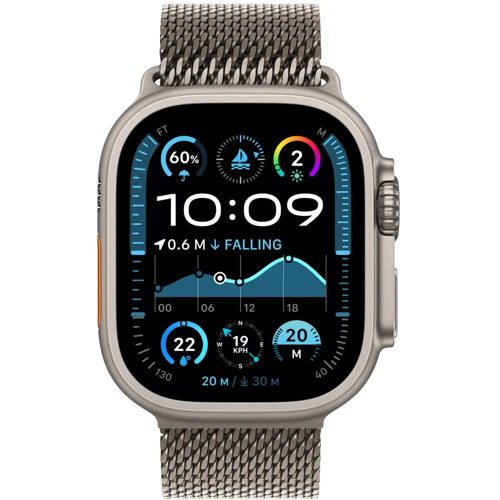 Apple Watch Ultra 2 2024 GPS + Cellular 49mm Natural Titanium Case with Natural Titanium Milanese Loop - Large (MX5T3UL/A): Экран OLED LTPO2 (яркость до 3000 нит) с технологиями Always-On Retina / 410х502 пикселей