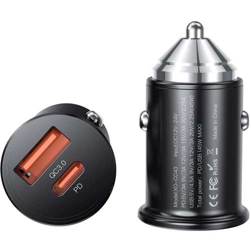 Зарядное устройство XO Car Charger USB+USB-C PD CC43 45W Black: Кабель в комплекте отсутствует