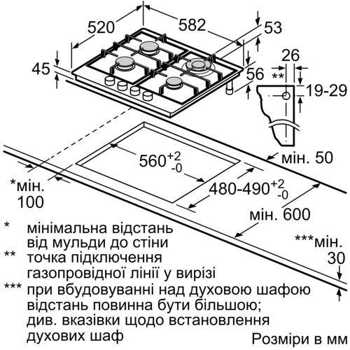 Варочная поверхность Bosch PGH6B5K90R: Размеры для встраивания 56х48 cм