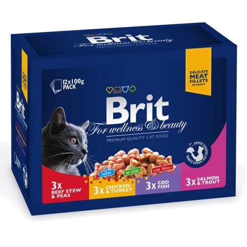 Влажный корм для кошек Brit Premium Cat pouch Семейная тарелка ассорти 4 вкуса 12x100 г (8595602506255)