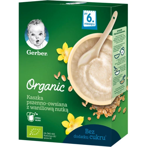 Каша GERBER сухая безмолочная Organic пшенично-овсяная с ванильным вкусом для детей с 6 месяцев, 240г (7613036531535)