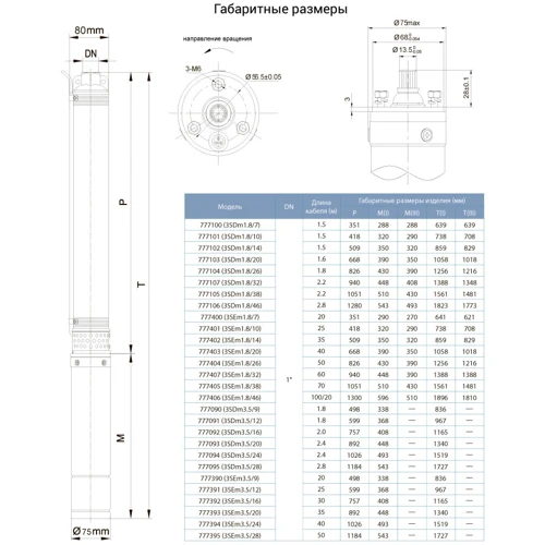 Dongyin насос центробежный 0.18кВт H 30(23)м Q 45(30)л/мин 20м кабеля (777400): Тип скважинные насосы