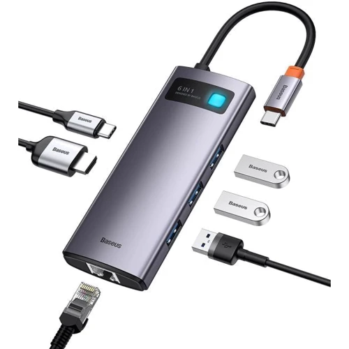 Адаптер Baseus Adapter USB-C to 3xUSB3.0+HDMI+RJ45+USB-C Gray (CAHUB-CW0G): Колір серый